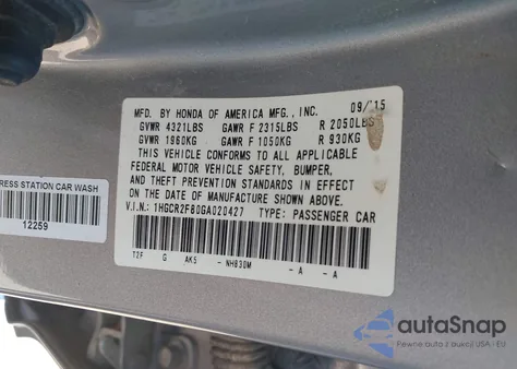 2016 Honda Accord Ex-L from USA, damaged, VIN 1HGCR2F80GA020427